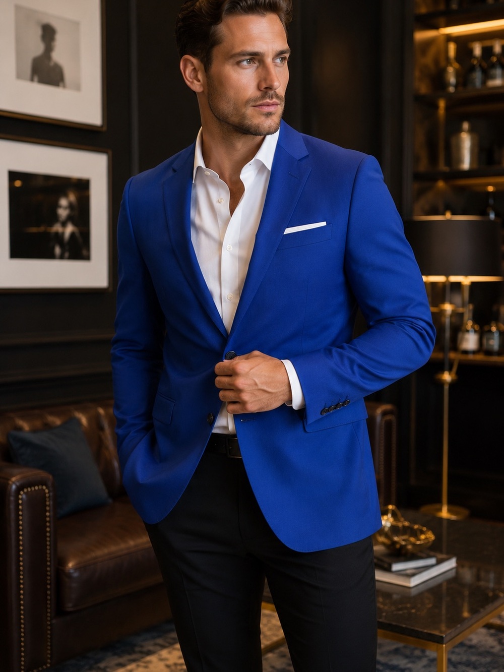 Suslo Couture Royal Blue Slim Fit Blazer Jacket Men’s 42L One Button Statement